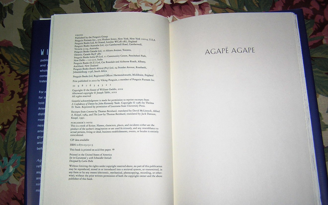 WILLIAM GADDIS Agape, Agape 1st Ed. - Image 3